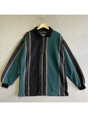 Vintage Anchor Blue Quarter-Zip Long-Sleeve Green Black Geometric Stripe M